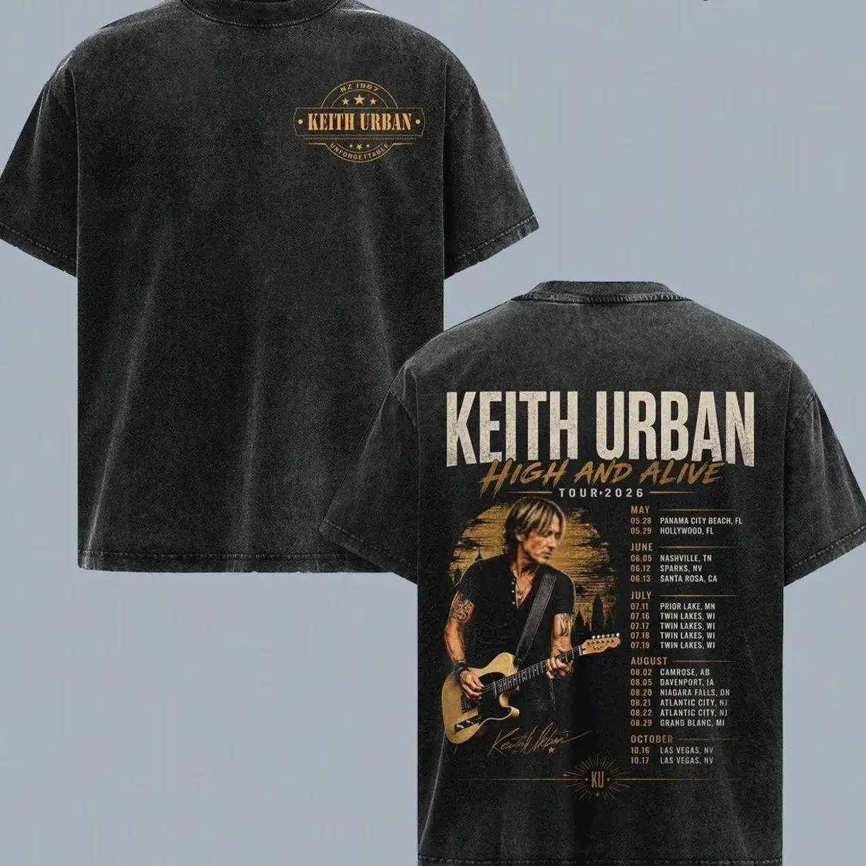 Keith Urban High and Alive Tour 2026 Double Sided Vintage Washed Graphic T Shirt, Country Music Concert Tee, Oversized Unisex Streetwear Merch, Guitar Tour Dates Fan Gift Apparel O0I M9N