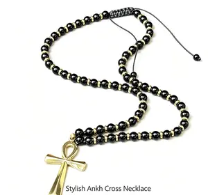 Men’s Vintage Gold Ankh Cross Black Onyx Beaded Chain Jewelry Necklace - Spiritual Egyptian Protection Amulet, Fashion Costume Jewelry Accessory, Thoughtful Gift, Chain Jewelry Necklaces