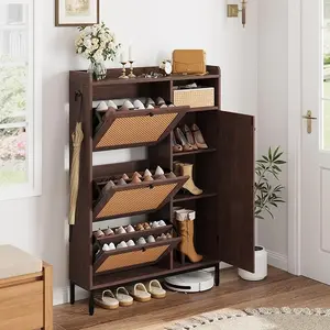 Shoe Cabinet Rattan with 3 Flip Drawers and 4-Tier Shoe Storage Cabinet,Freestanding Shoe Organizer with Adjustable Shelves for Entryway, Closet