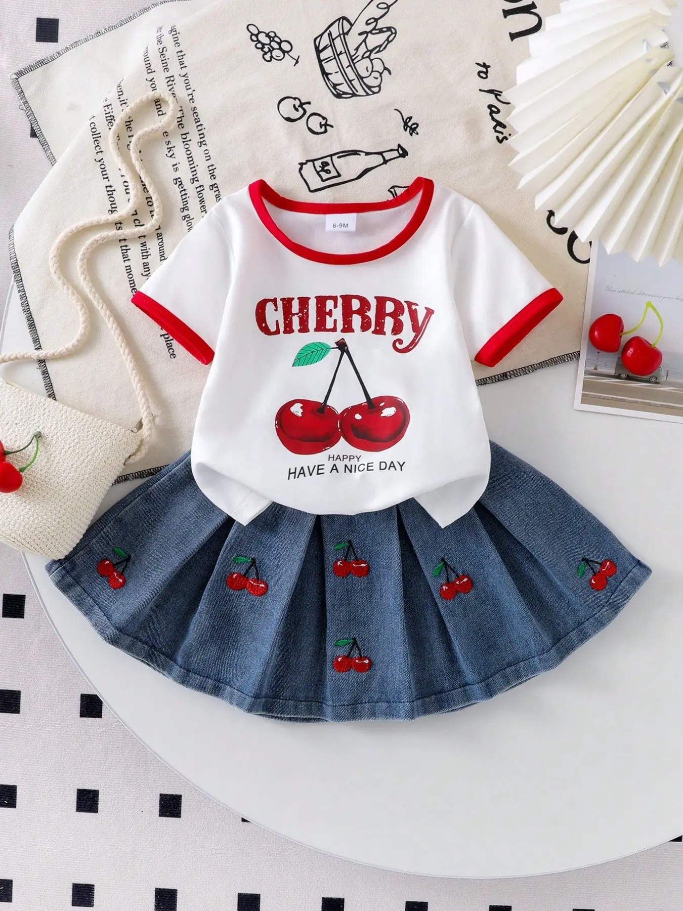 Baby Girl 2-Piece Set Outfit, Letter Cherry Print Short Sleeve T-Shirt and Pleated Jean Skirt, Cute Baby, Fashionable Kids Clothing, Casual Clothes