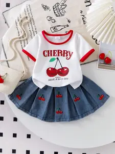 Baby Girl 2-Piece Set, Letter Cherry Print Short Sleeve T-Shirt and Pleated Jean Skirt, Cute Baby, Fashionable Kids Clothing