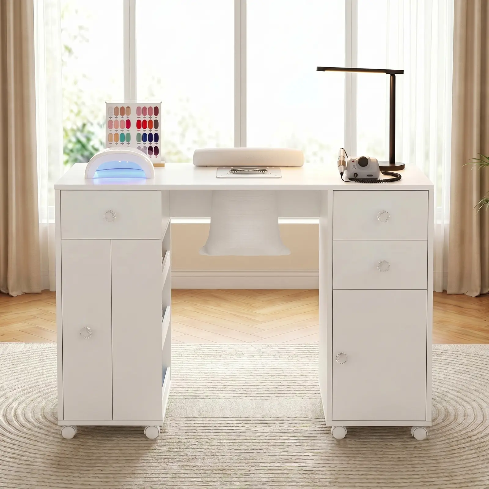 VOWNER Manicure Table Nail Tech Desk with Dust Collector & Storage Drawers | Acetone-Resistant Nail Table, Beauty Salon Station with Dust Bags & Cabinet, Rolling Nail Desk with Lockable Wheels, White