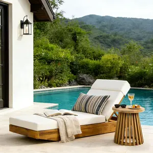 Outdoor Chaise Lounge Modern Acacia Wood  Recliner with Cream Water-Repellent Cushion & Integrated Headrest, Adjustable & Foldable Design for Patio, Poolside, Garden