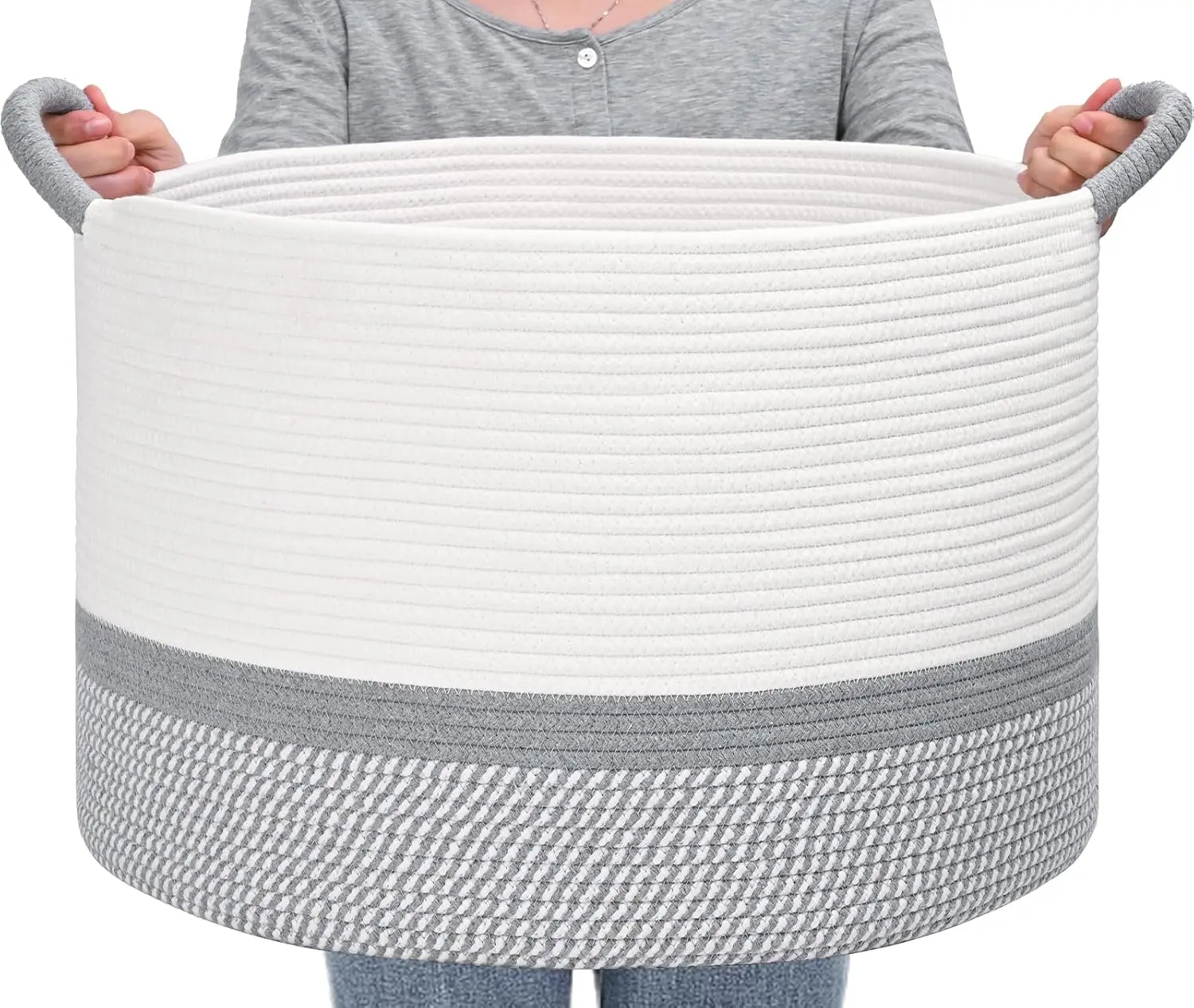 67L Large Blanket Basket, 20"x13" Blanket Basket Living Room, Woven Baskets With Handle, Toy Baskets for Blankets, Nursery, Dog, Pillow, Gift (White & Light Grey)
