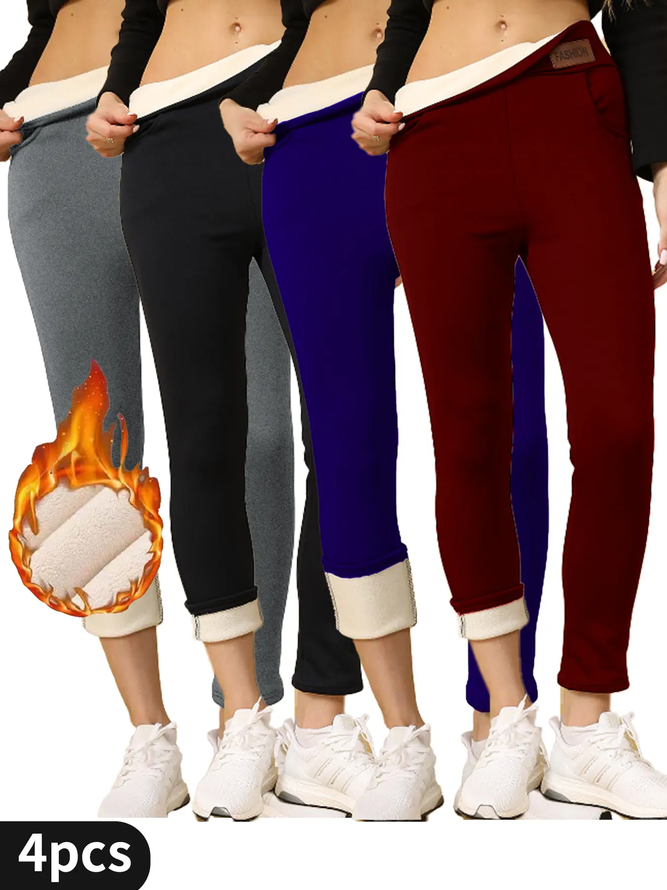 4 Pcs Full-Length High-Waisted Women's Fleece-Lined Leggings, Slim Fit, Warm, Sports Style Athletic Casual Pants for Fall & Winter