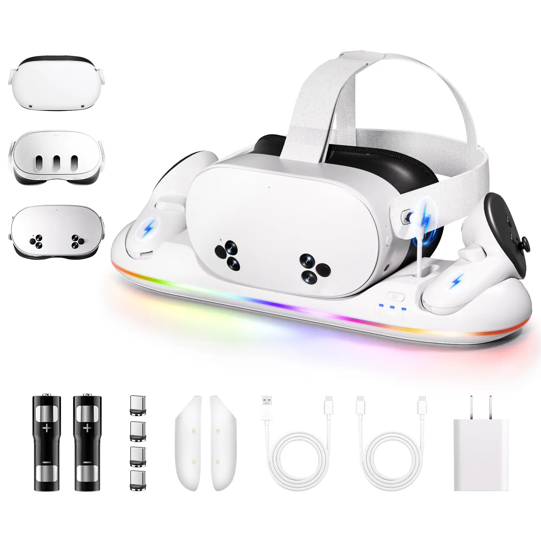 RGB Light Magnetic Charging Dock for Oculus Meta Quest 2/3/3s - VR Accessories Stand with 2x2100mAh Rechargeable Batteries, 20W UL AC Adapter for Headset & Controllers, Wearable Smart Electronics, For Quest 2/3/3S Charging Dock