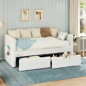 AMERLIFE Twin Size Corduroy Daybed with 2 Storage Drawers & Bedside Pocket, Upholstered Day Bed Frame with Charging & Night Light, Easy Assembly, No Box Spring Needed, for Living Room, Bedroom