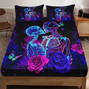Skeleton Couple Kiss Rose Bedding Three Piece Set (1 * Bed Sheet+2 * Pillowcase, Core free) with Digital Printing, Soft and Breathable, Suitable for Home Daily Room Bedding Decoration, Preferred Gift