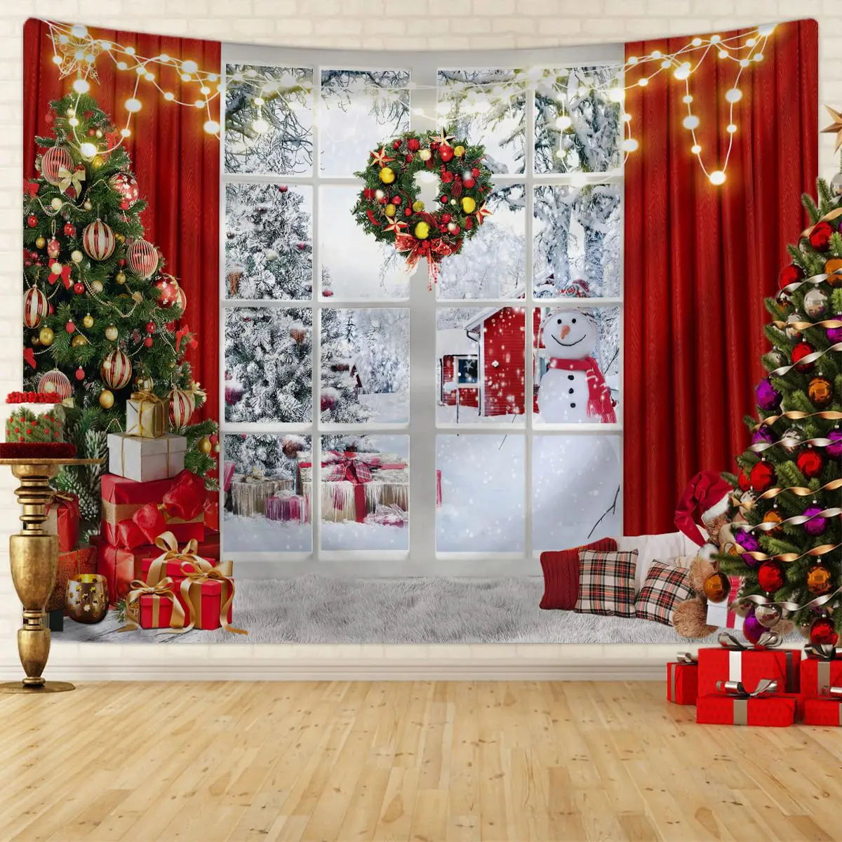 Festive Digital Print Christmas Tree Window Background Tapestry, 1 Count Artificial Christmas Tree Tapestries for Party Decor & Photography Props (Decor Inspo Included), Polyester