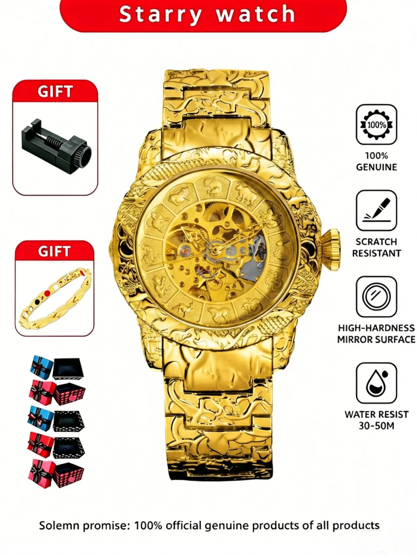 Men's Luxury 12 Zodiac Totem Hollow Watch, High-End Retro Business Automatic Waterproof Mechanical Wristwatch