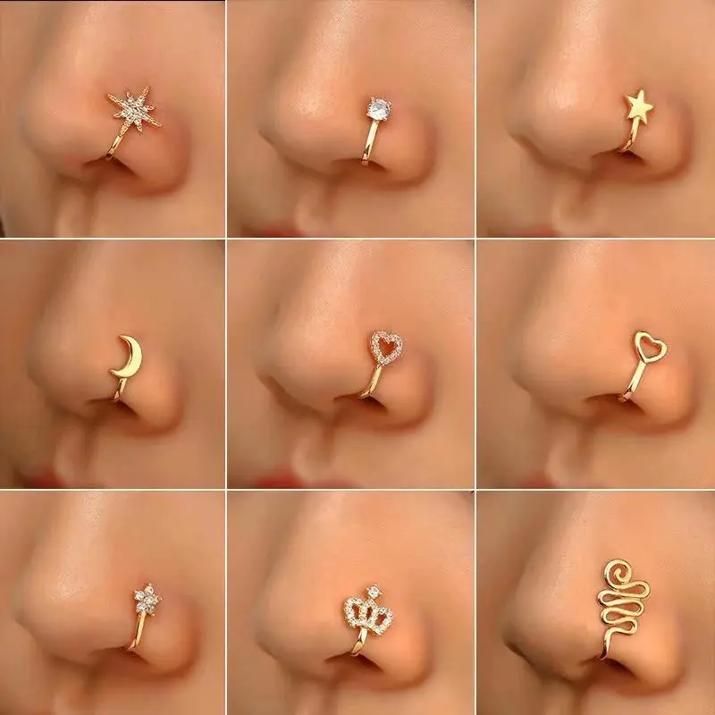 Elegant Bohemian Clip-On Nose Ring Set, U Shape Heart Crown Design, Oxidized Zircon, Artificial Cubic Zirconia, Non-Pierced Copper Jewelry, Spiral Nose Ring, Nose Rings Set, Body Jewellery