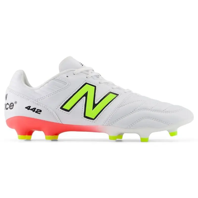 New Balance 442 Pro FG V2 White Energy Red Hi-Lite Firm Ground Soccer Cleats Football Boots Premium Leather Upper Lace-Up Performance Shoes TPU Outsole Natural Grass Soccer Shoes Lightweight Control Cleats Adult Unisex Football Boots
