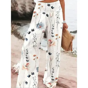 Women’s patchwork print wide-leg pants with an elastic waistband, boho casual trousers for beach vacations, ladies’ bottoms for all seasons, preppy 80s clothing—women’s comfort wear