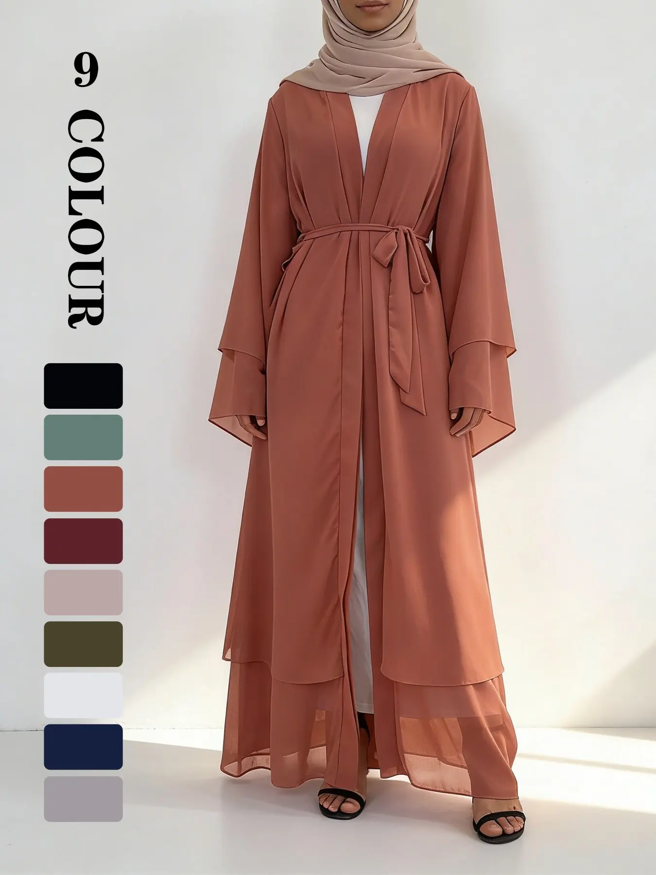 Women's Solid Color Chiffon Belted Abaya, Elegant Long Sleeve Open Front  Maxi Abaya for Party Wedding Guest, Ladies Modesty Muslim Clothing Islamic  Clothing for All Seasons Modest Muslim Outfits[not Includ hijab] -