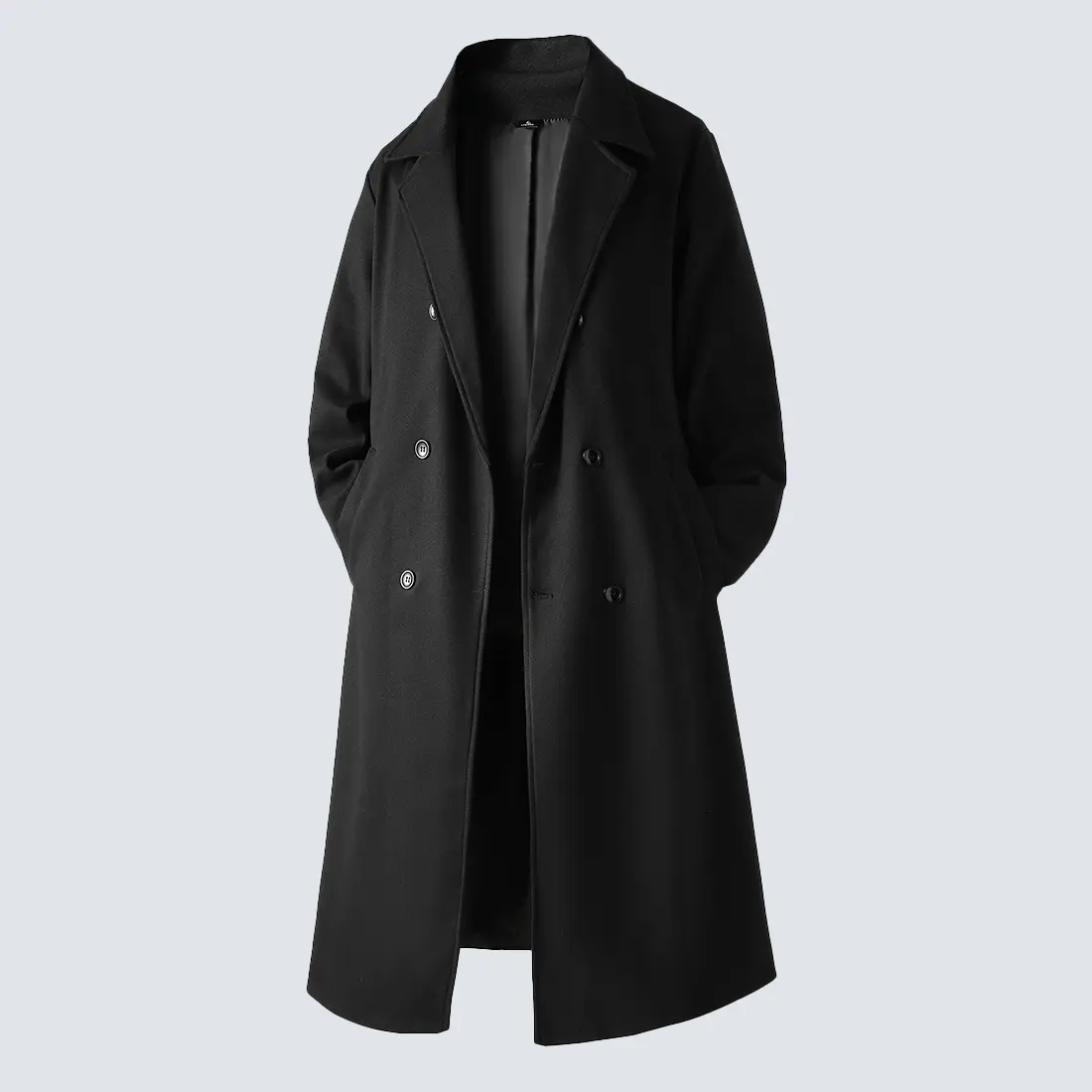 Men's Solid Color Long Double-Breasted Woolen Overcoat with Inner Pockets & Slanting Side Seam Design Formal Suit Collar Dress Jacket for Office Commuting Conference