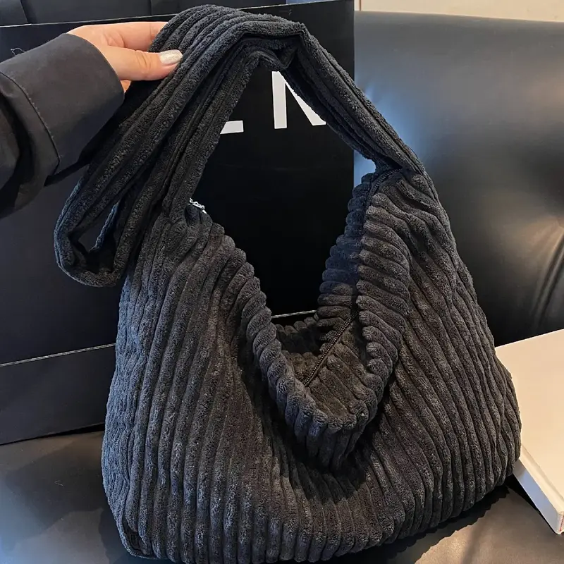Women's Solid Color Corduroy Tote Bag, Fashionable Large Capacity Shoulder Bag for Daily Used, Casual Trendy Versatile High-quality Daily Commuting Bag
