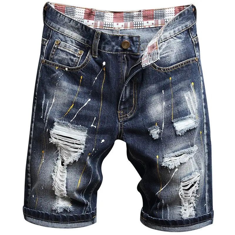 Men’s summer denim shorts featuring paint-splatter color blocking and distressed details; slim-fit, non-stretch casual fashion mid-length shorts for everyday wear; casual denim shorts with pockets; buttoned distressed shorts; cut-detail shorts.