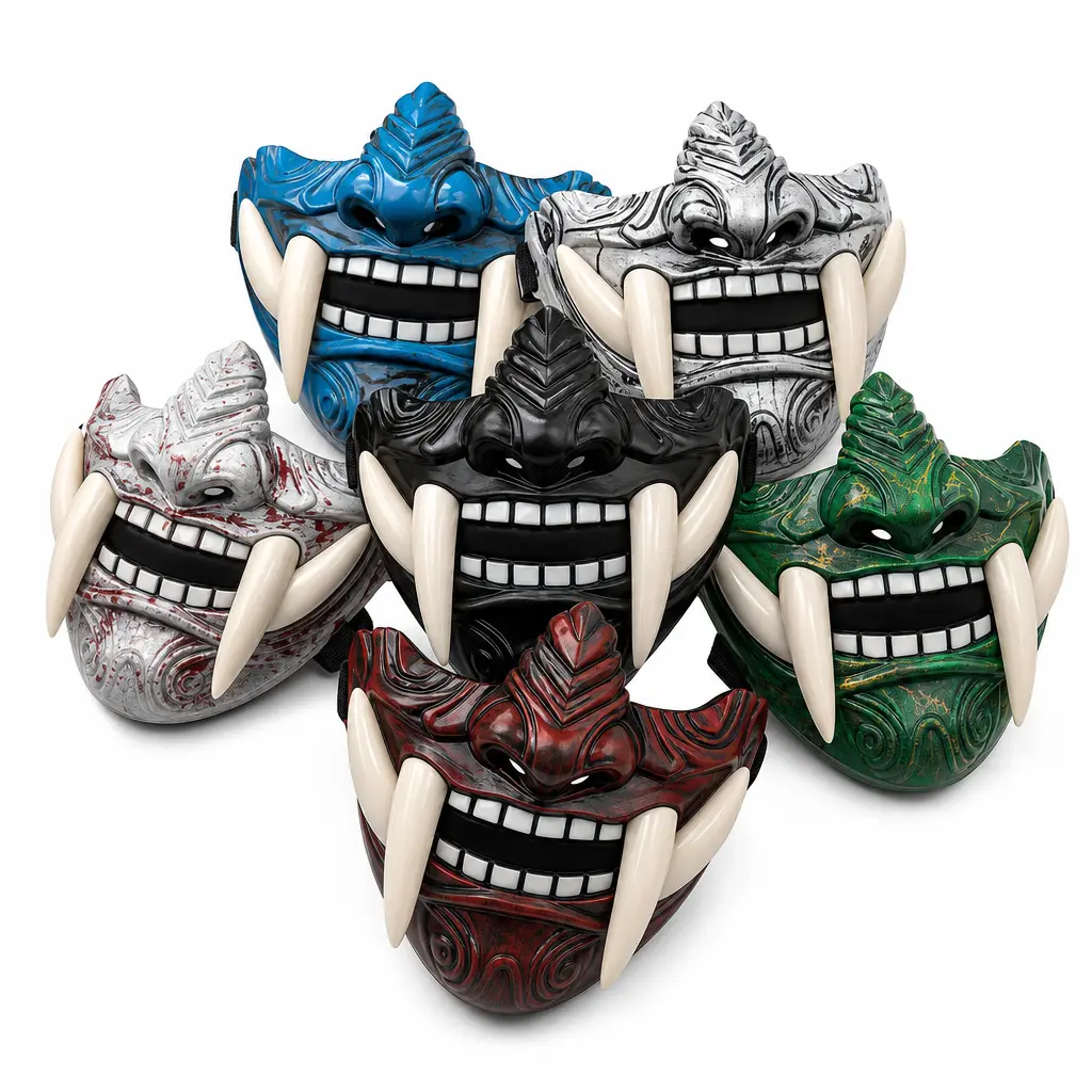 Unisex Blue Plastic Oni Demon Hannya Prajna Half-Face Mask with Oni Teeth, Spooky Look Cosplay Prop, Halloween Party Dress-Up Fashion Accessory