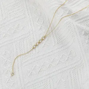 Foxgirl Lariat Gold Necklace for Women, Dainty Long Necklace 14k Gold Plated/Silver Y-Shaped Pendant Necklace Trendy Layered Cz Beaded Chain Drop Necklaces Simple Gold Jewelry For Women Gift AZ