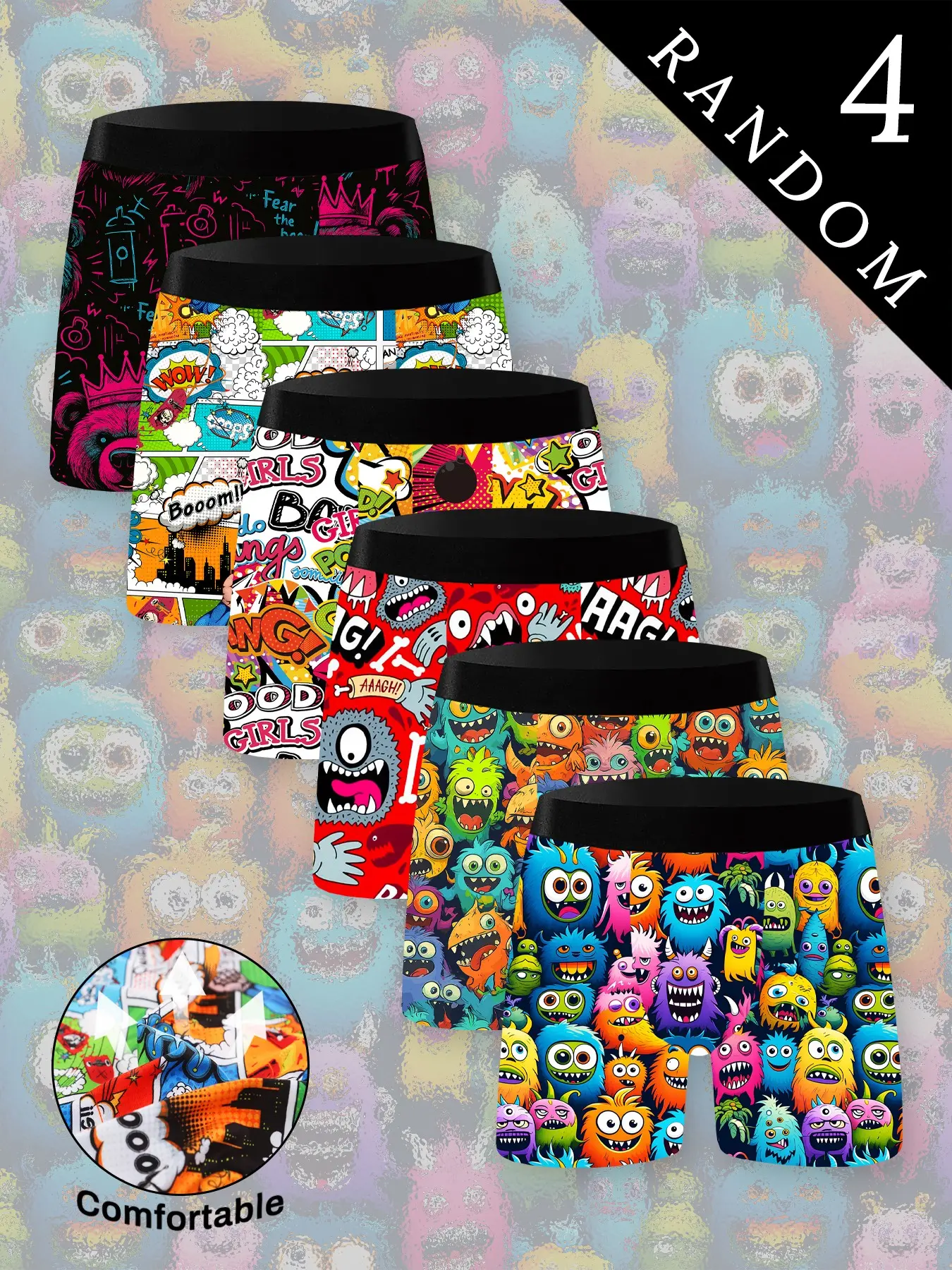 Men's Cartoon Graffiti Monster Pattern Performance Boxer Briefs, Elastic Polyester Fabric, Soft Breathable, Gym Casual Streetwear, Casual Comfy Underwear All Seasons, 4 Pack