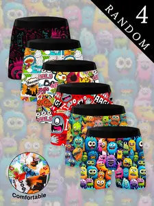 Men's Cartoon Graffiti Monster Pattern Performance Boxer Briefs, Elastic Polyester Fabric, Soft Breathable, Gym Casual Streetwear, 4 Pack