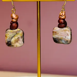 Earth toned Simulated stone dangle hook earrings for pierced ears gift for woman girl Secret Santa stocking stuffers