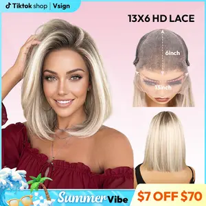 [Summer Vibes] VSIGN 13x6 HD lace Front Glueless Ombre Ash Blonde Mixed Brown and Blonde Color Bob Style Mother's Day Gift Summervibes Natural Looking Synthetic Heat Resistant Fiber For Women