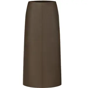 INSPIRE CHIC Women's Faux Leather PU High Waist Business Casual Pencil Midi Skirts Brown Small