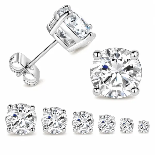 BlingKingStar 6 Pairs Round 925 Silver Plated 4-Prong Hypoallergenic Lab-Created Diamond Stud Earrings with Butterfly Backs Hypoallergenic 14K Gold Fashion Jewelry, Mother’s Day, Christmas, Gift for Men Boyfriend, Women Set, Father's Day Accessories