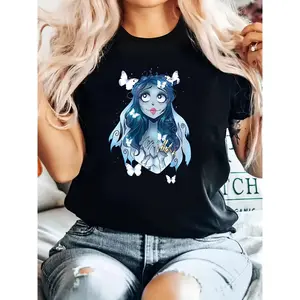 1pc Women'S Casual Round Neck Polyester T-Shirt, Drawn Corpse Bride Graphic, 180g/m² Knitted Fabric, All-Season Fashion Tee