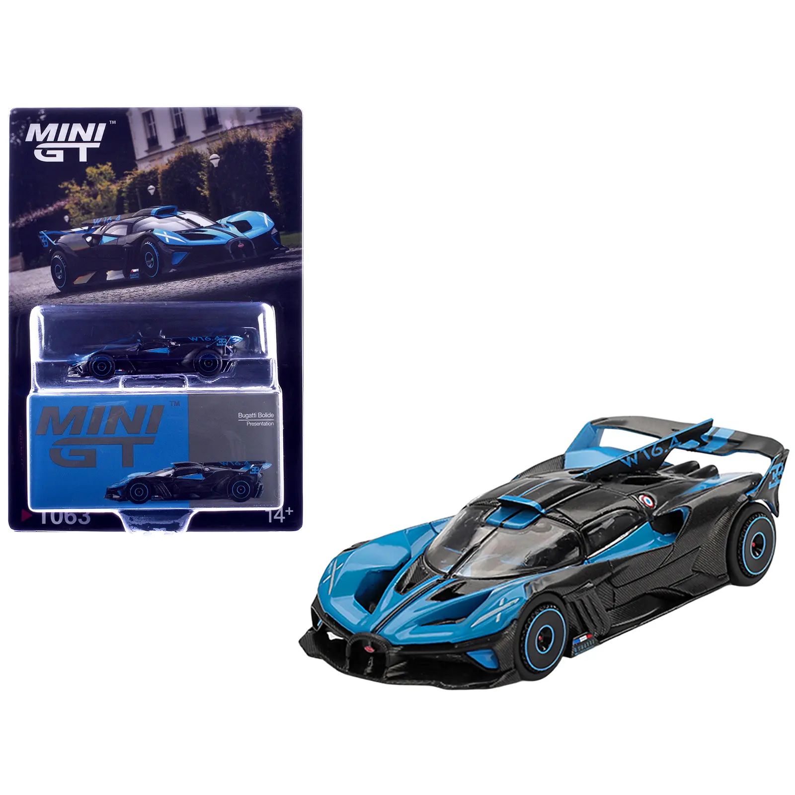 Bugatti Bolide Presentation Blue and Carbon Fiber Limited Edition 1/64 Diecast Model Car by Mini GT