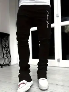 Men's Regular Fit Letter Print Flare Leg Jeans, Flared Streetwear Street Fashion Casual Comfy Denim Pants for Daily Wear, Mens Bottoms for All Seasons