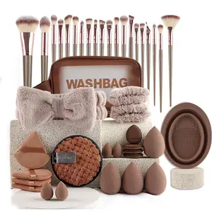 42-Piece Makeup Tool Set, Hairband Wrist Strap, Brush Sponge, Powder Puff, Cleaning Bowl, Suitable for All Skin Types, Valentine's Gift