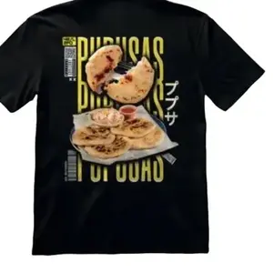 Camisas Deschavetados Black T-Shirt with Unique Graphic Design Featuring "Pupusas" Text and Image