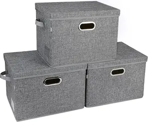 Voova Large Collapsible Storage Bins with Lids, 3 Pack Stackable Line Fabric Cube Storage Organizer, Foldable Closet Storage Boxes Baskets Containers with Cover for Clothes Bedroom Office Home, Grey