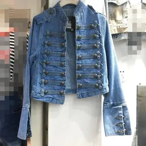 Vintage Military Style Handsome Stand Collar Denim Jacket Women Double-Breasted Wild Slim Fit Short Denim Jacket Women's Coat Casual