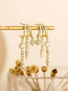 Women's Fashion Pure Silver Earrings Set, Dainty Fashion Jewelry, Triple Clasp Studs, Dangle Hoop Design, Hoop Shape Earrings, Long Pendant Chain, Anti-Color Change Jewelry