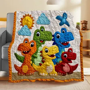 2D digital printed colorful and cute dinosaur-themed fleece blanket, soft, warm and comfortable, featuring multi-color dinosaurs in orange, yellow, green, blue and red, as well as elements of the sun and clouds.