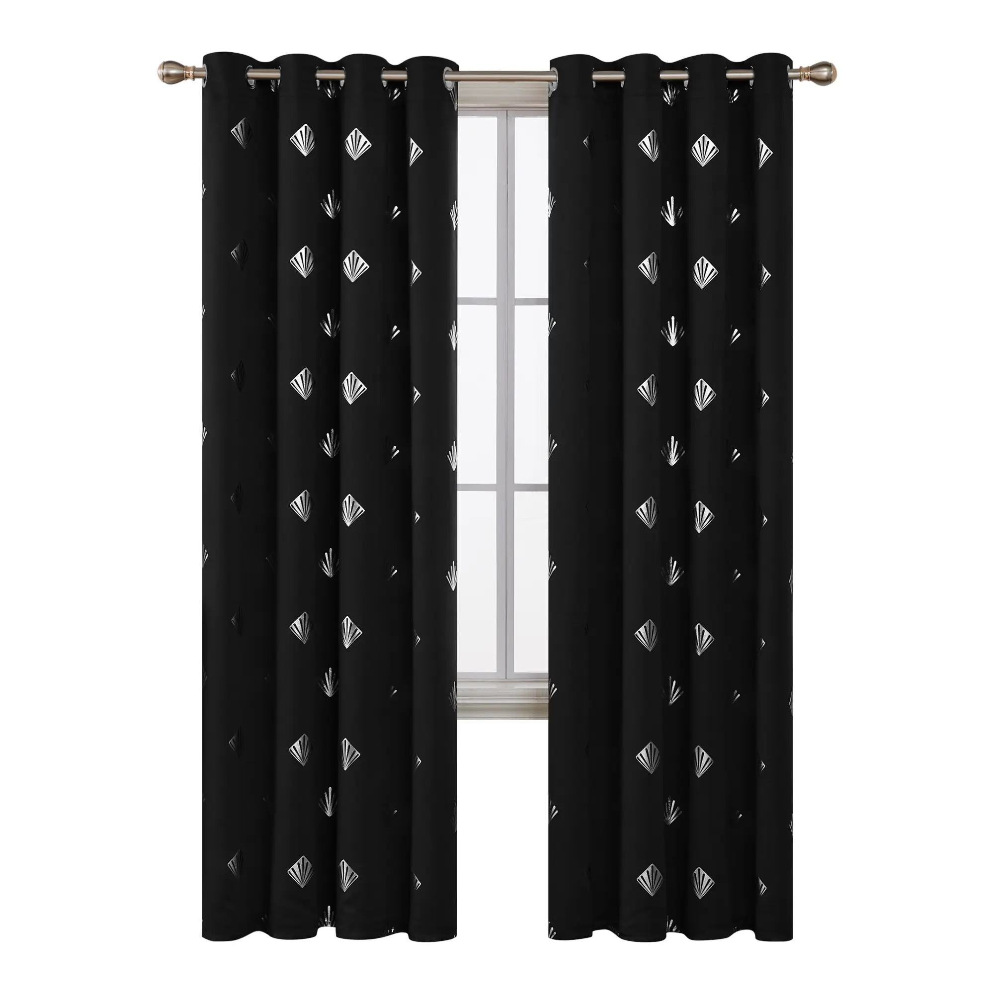 Deconovo All-Black All-Over Print Blackout Curtains, Silver Foil Cutout Spatula Pattern, Thermal Insulated White Grommet Window Curtains, Noise-Reducing, for Bedroom, No Tiebacks, Blacking Out Curtains
