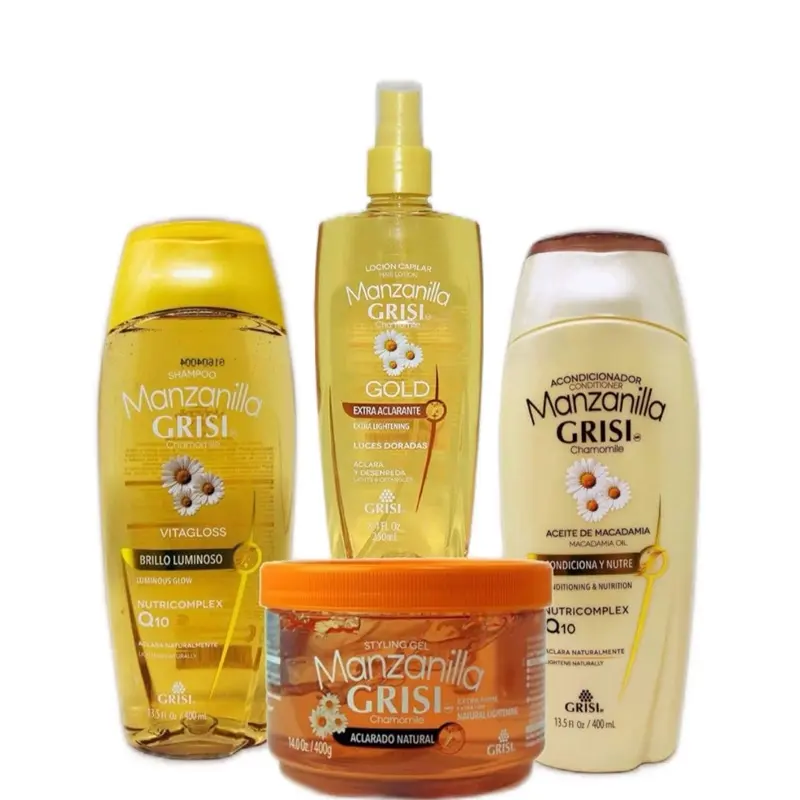 Manzanilla  Bathroom Bundle - Styling Gel  Lightener And Detangler A Chamomile Conditioner + Shampoo Set