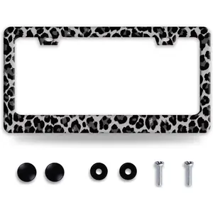 Daily&Cozy Black Gray Leopard Print License Plate Frame Beautiful Cheetah Print License Plate Holder Funny Stainless Steel Accessories Cars Decor with 2 Holes and Screws Fits Standard Us Ca Vehicles 12.2 X 6 in