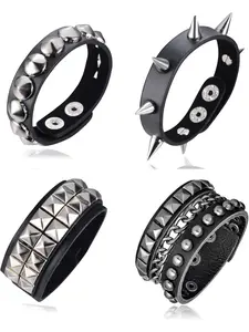 4Pcs Spike Studded Rivet Skull Demon Black Punk Rock Gothic Biker Wide Strap Leather Bracelet Chain Cuff Bangle Wristband Adjustable for Men Women