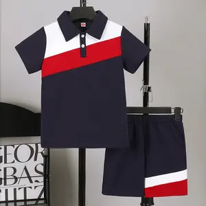 Ready Stock  Big Boys Short Set Color Contrast Button Style with Label Short Sleeves Shirts Jogger Shorts 2Pcs Clothes Outfit Set 7-15Y 42410022 Blue