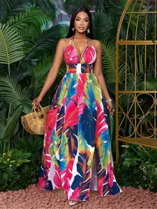 Women's All Over Print Tie Back Halter Neck Dress, Boho Casual Sleeveless Long Dress for Beach Holiday Vacation, Ladies Summer Clothes