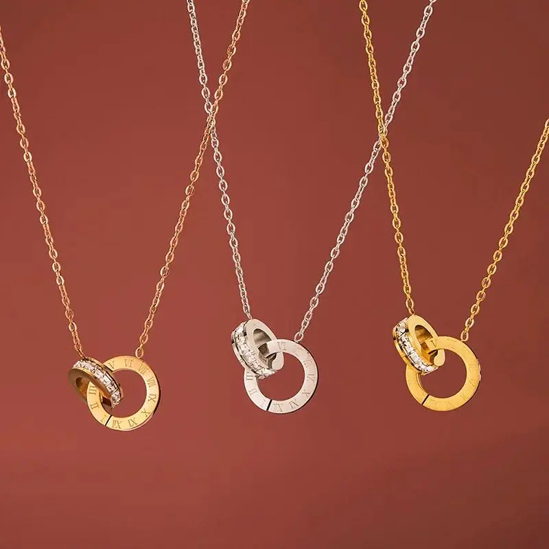 Elegant Stainless Steel Interlocking Circles Infinity Style Roman Numbers Wedding Collar Necklace For Women Jewelry Wholesale