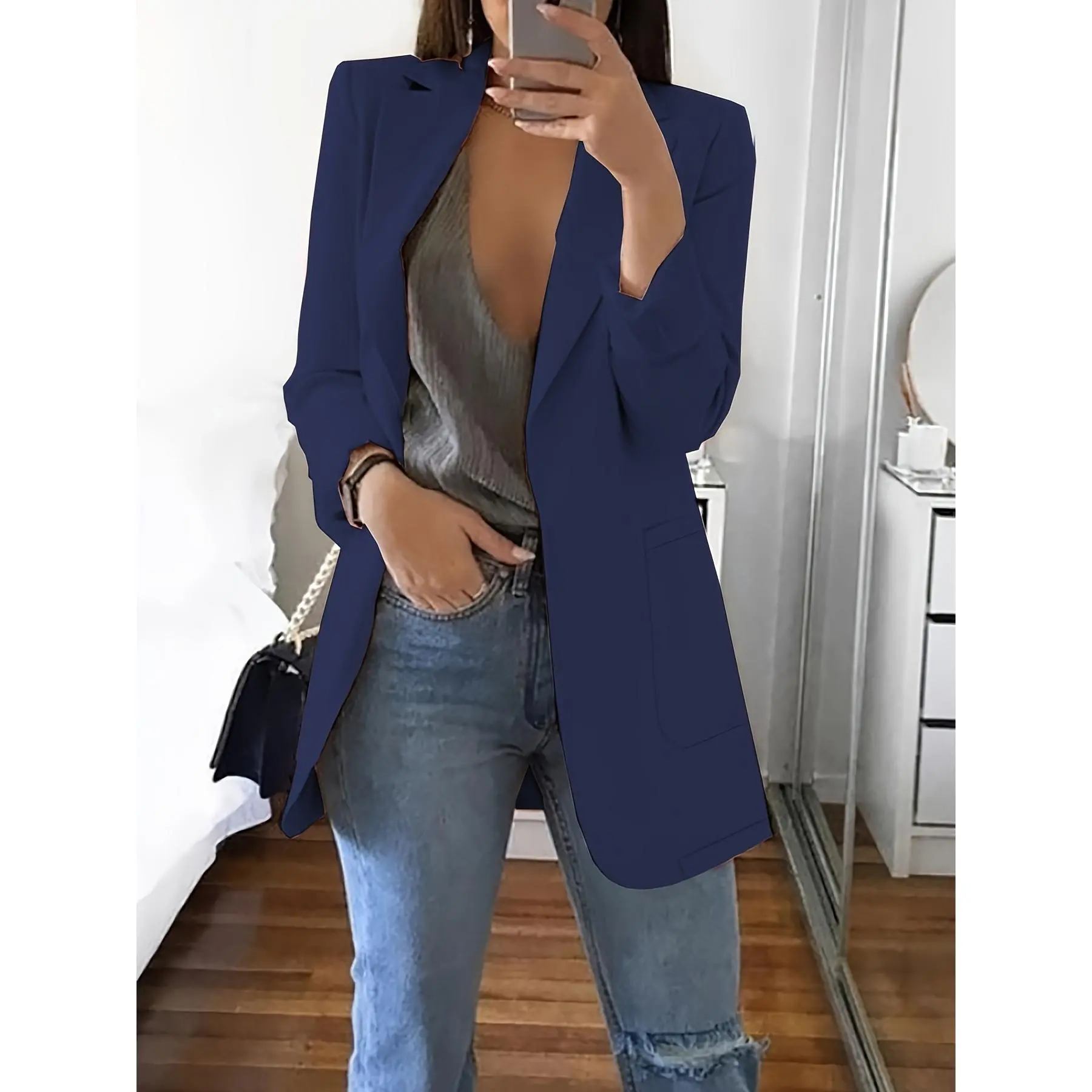 2026 Plus Size Open Front Blazer, Elegant Lapel Neck Slim Long Sleeve Blazer & Fall, Women's Plus Size Clothing