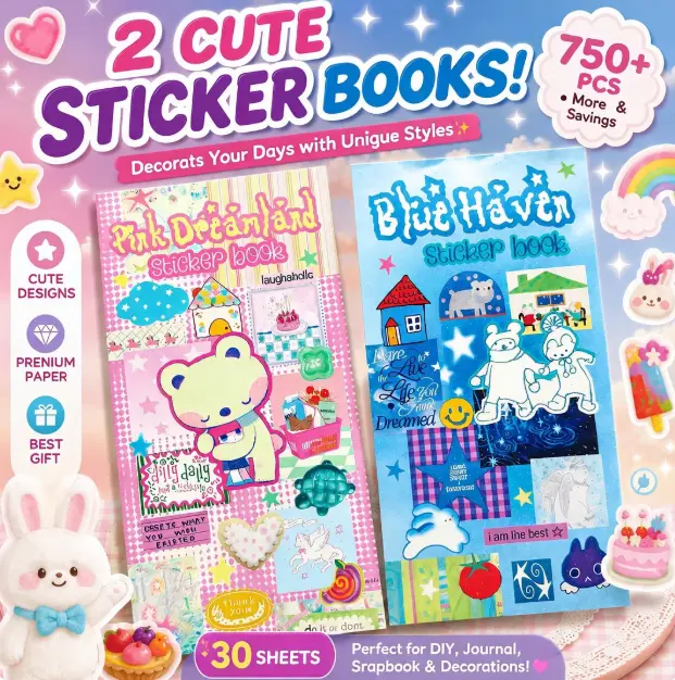 2 Cute Sticker Books 750+ Pcs Pink Dreamland & Blue Haven Kawaii Sticker Set for Journaling, Scrapbooking, DIY Crafts, Aesthetic Journal Supplies Gift for Girls