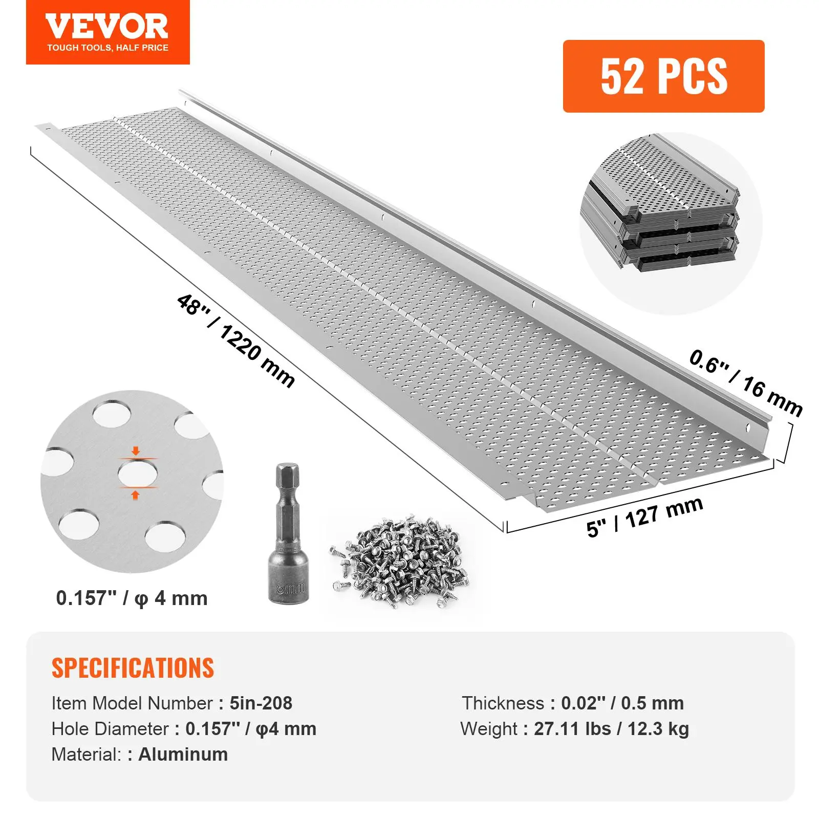 【summerfinds】VEVOR Gutter Guard, 5 inch Width, Aluminum Leaf Filter DIY Gutter Cover, 52 PCS 208 ft Total Length, 0.157'' Hole Diameter & 0.02'' Thick Gutter Guards Fits Any Roof or Gutter Type
