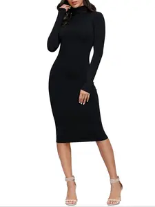 Elegant Basic Chic Long Sleeve Bodycon Dress, Sexy High Neck Fall Fashion, Thick Knit Fitted Formal Evening Gown, Perfect for Autumn Wear, Womenswear