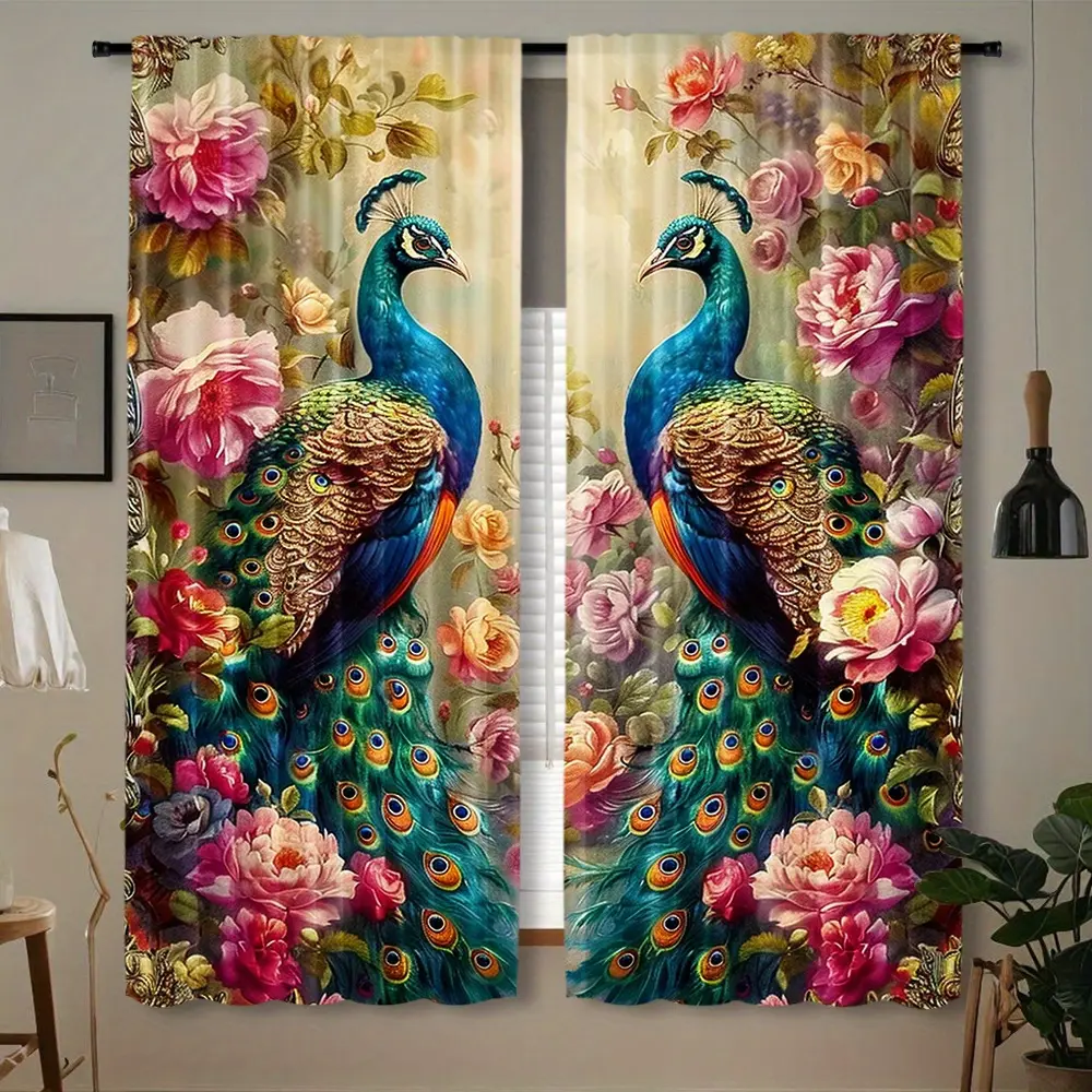 Pack of 2, vintage peacock and floral pattern curtains - rod pocket, digitally printed polyester curtains, suitable for living room, bedroom, dining room - home decoration, Home Decorative Curtain, suitable for Christmas decoration Window Curtain Drapes